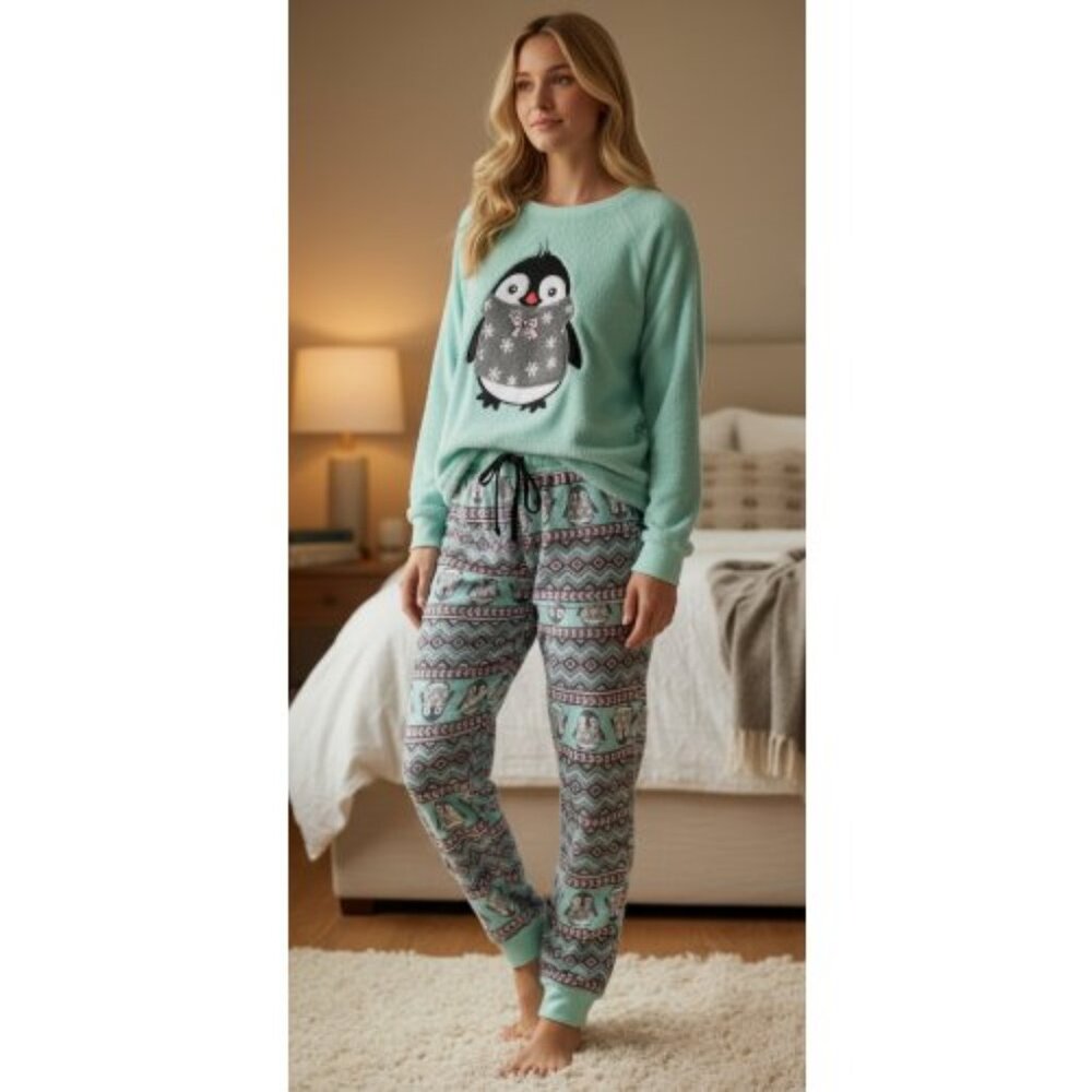 SLEEP & CO Plush Blue-Green Penguin Fleece Pajamas Ladies M Size 8-10